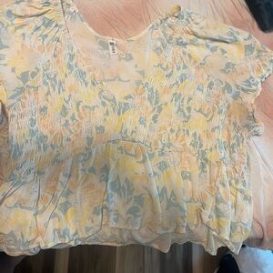 BP Yellow and Blue Blouse with Ruffle Sleeves